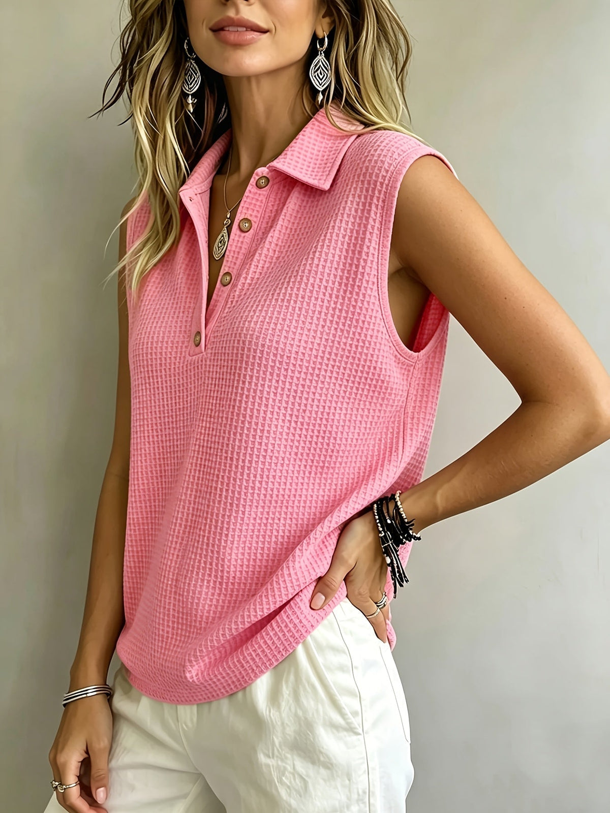 Nola | Waffle Button Sleeveless Top
